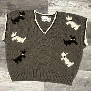 Vintage Russ Scottie Dogs Womens L Hand Knit Wool Blend Cable Knit Sweater Vest‎